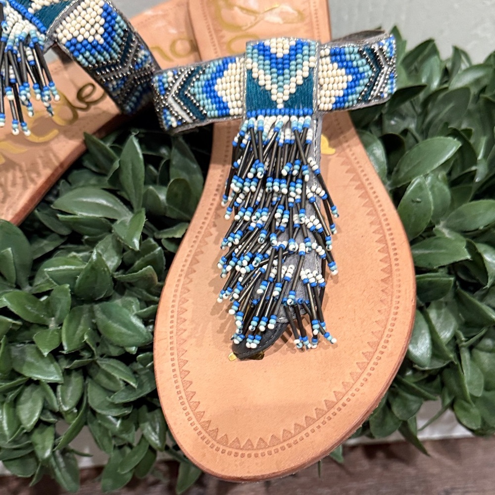 Sam Edelman Blue Beaded Fringe T-Strap Sandals Size 6.5 - Picture 3 of 5